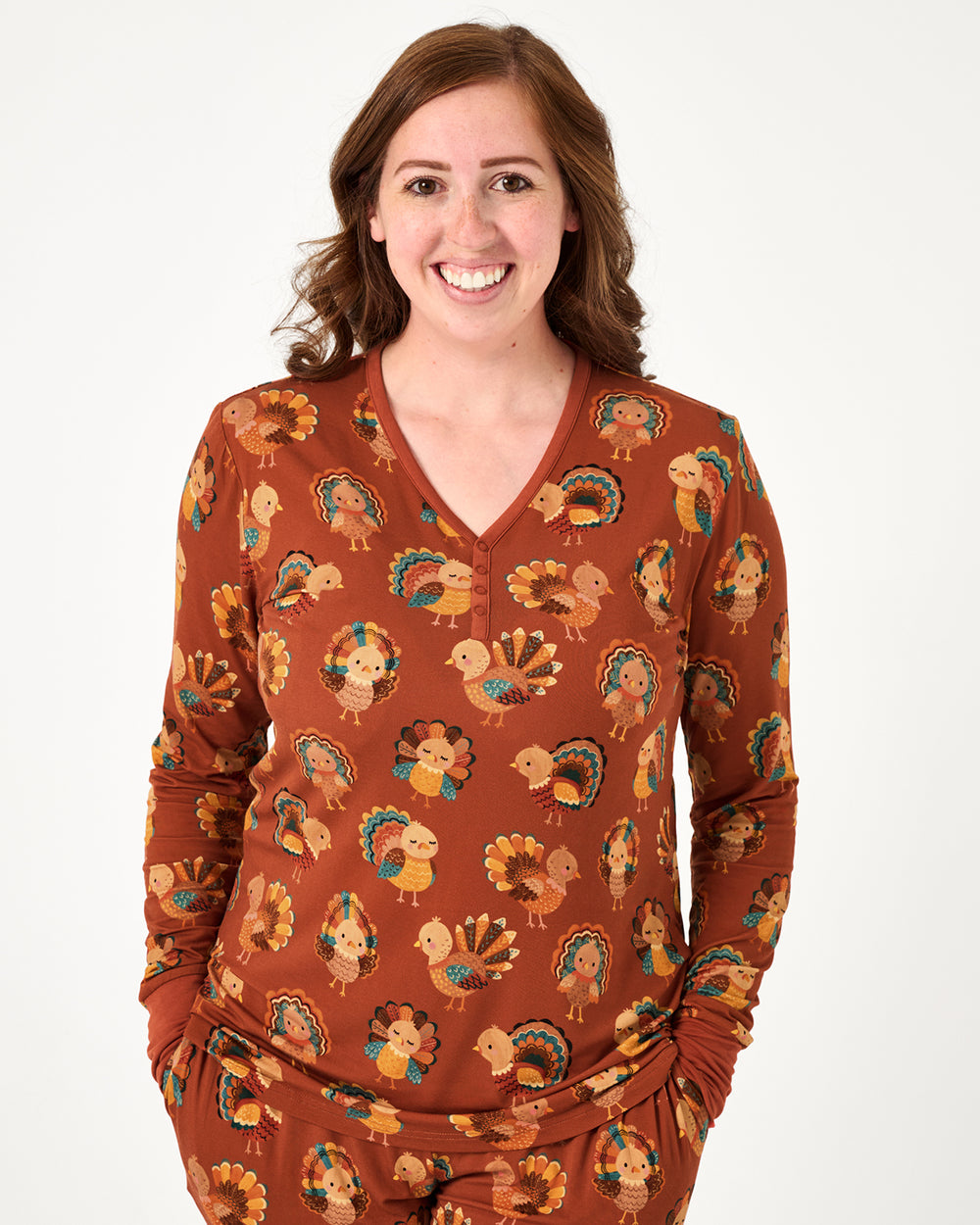 Woman wearing the Grateful Gobbles Women's Long Sleeve Pajama Top