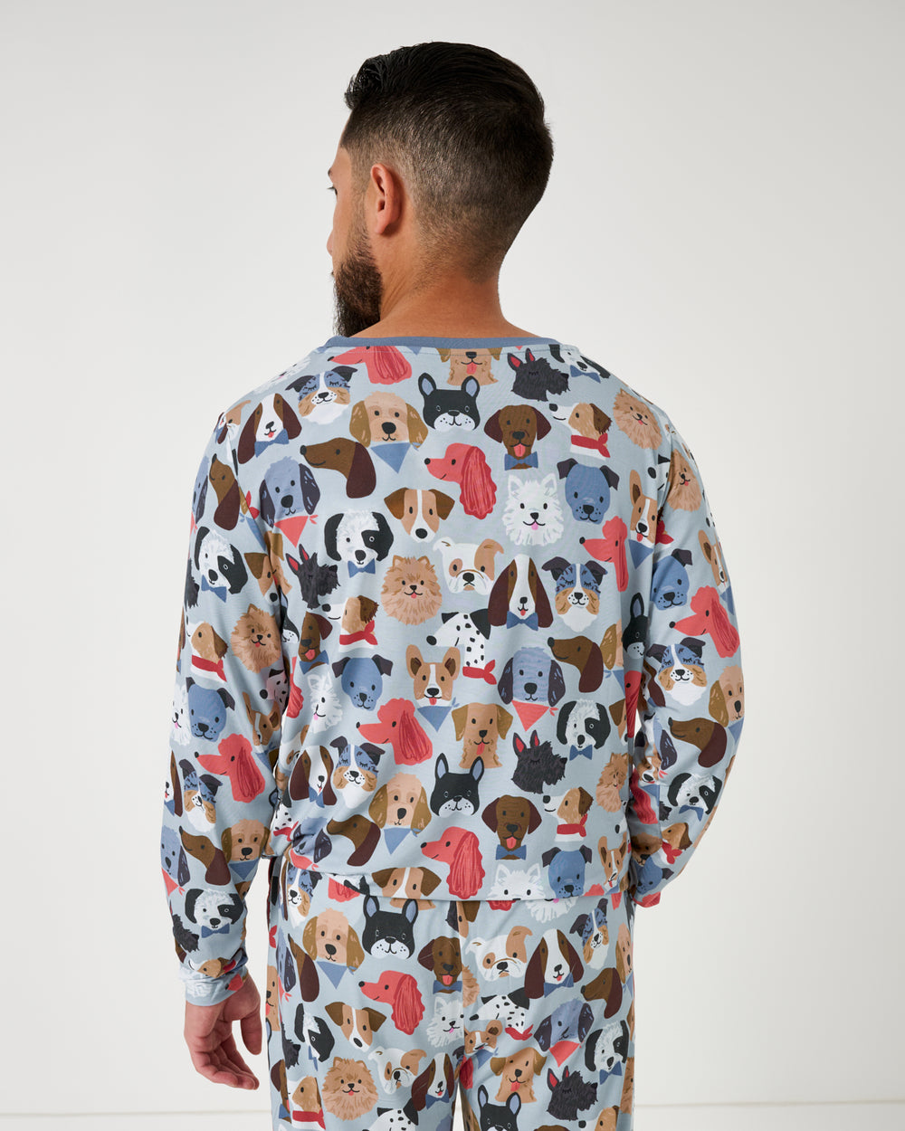 Back view of man in the Gray Puppy Parade Men's Long Sleeve Pajama Top