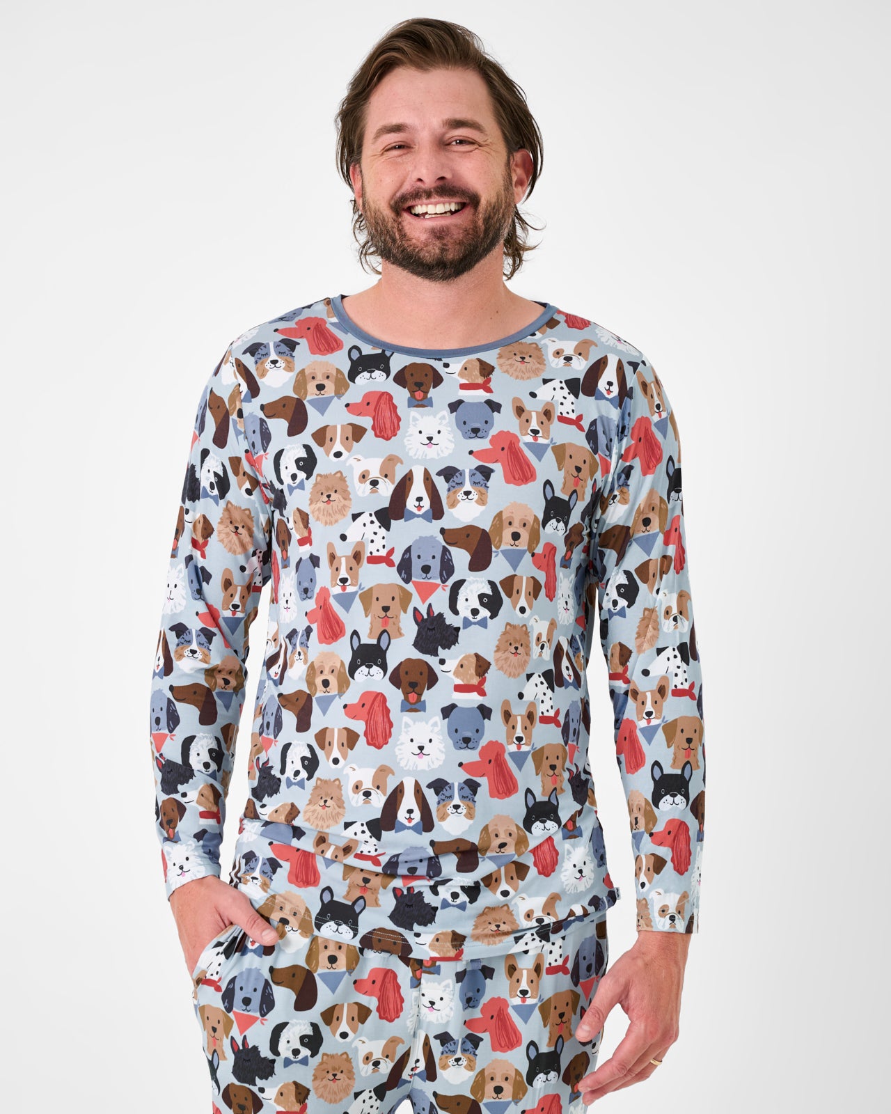 Man wearing the Gray Puppy Parade Men's Long Sleeve Pajama Top