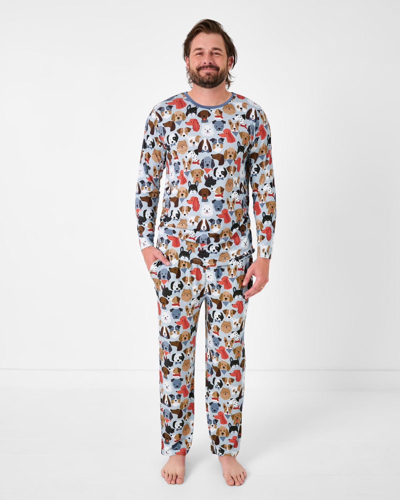 Man wearing the Gray Puppy Parade Men's Long Sleeve Pajama Top and Pants