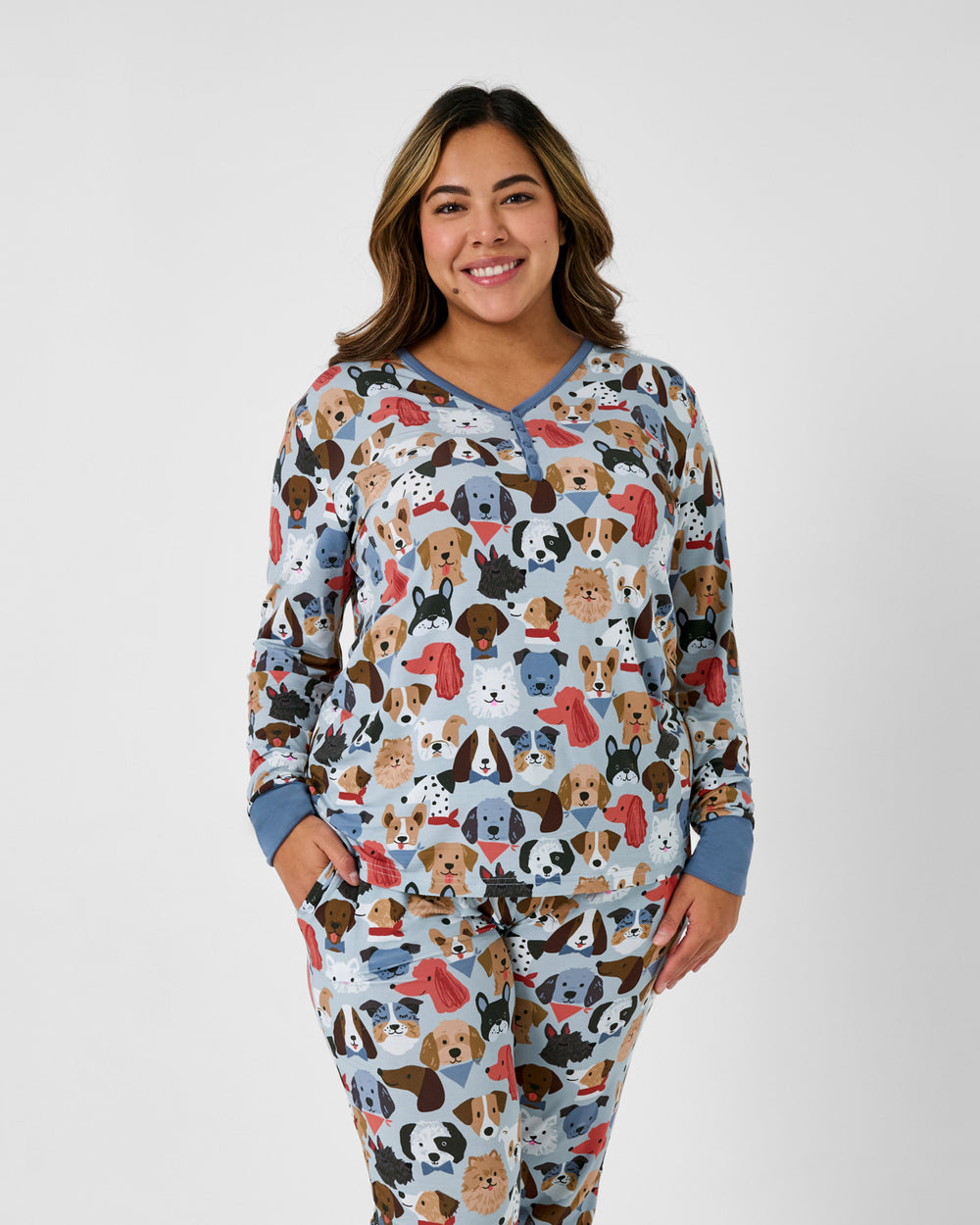 Woman wearing the Gray Puppy Parade Women's Long Sleeve Pajama Top