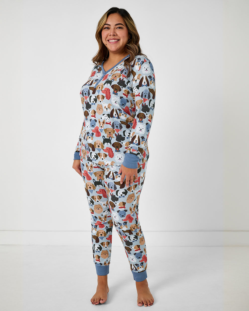 Woman wearing the Gray Puppy Parade Women's Pajama Pants and Top