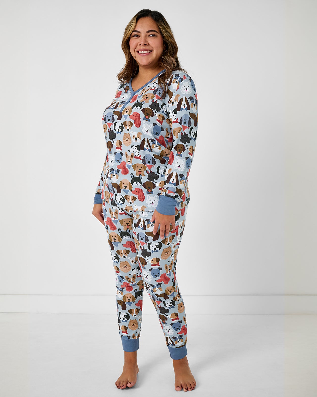 Woman wearing the Gray Puppy Parade Women's Pajama Pants and Top
