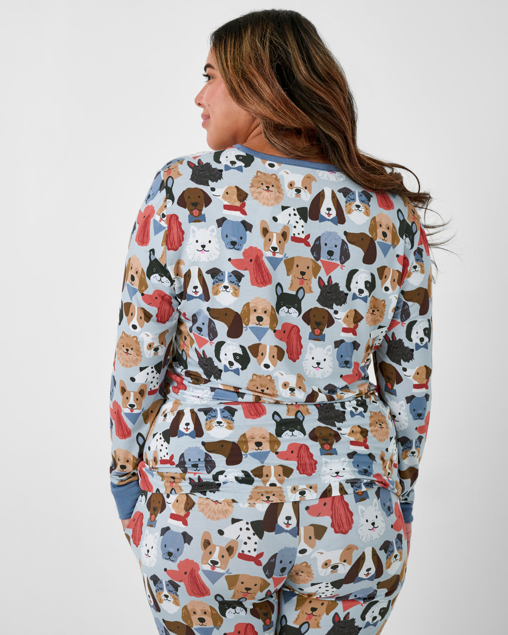 Back view of woman wearing the Gray Puppy Parade Women's Long Sleeve Pajama Top