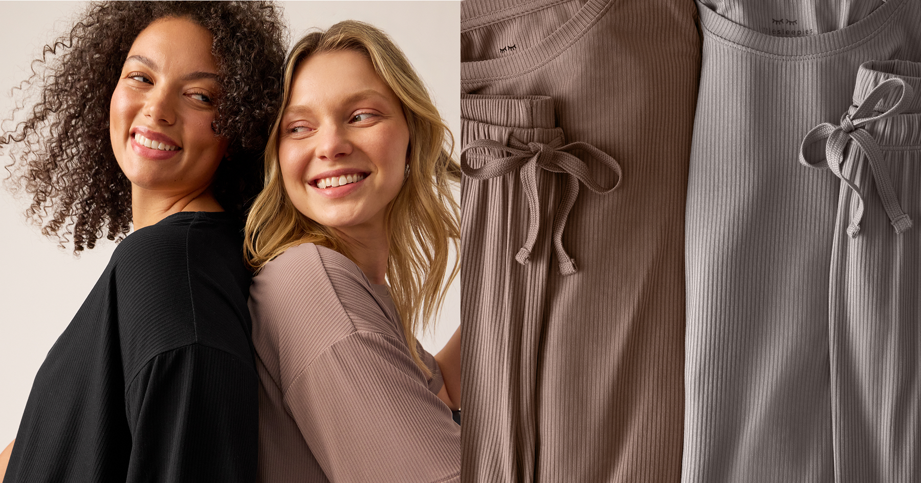 On the left, two women wearing lounge sets. On the right, close up of women's lounge sets