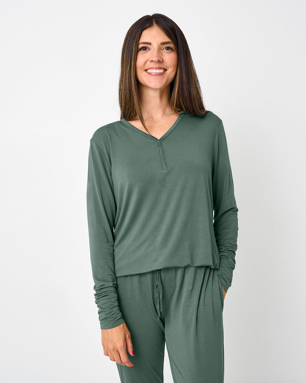 Woman wearing the Grove Green Women's Long Sleeve Pajama Top