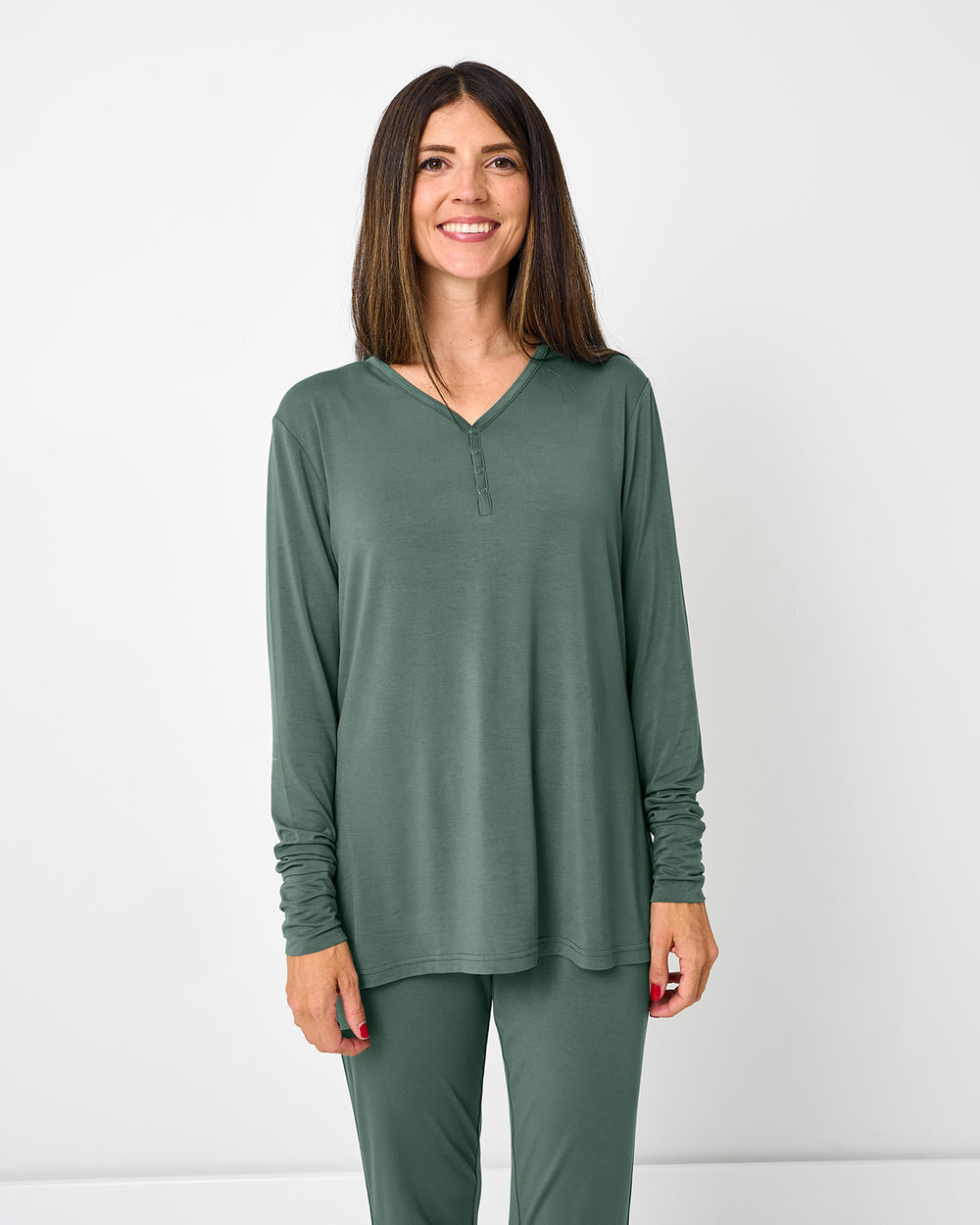 Alternate of woman wearing the Grove Green Women's Long Sleeve Pajama Top