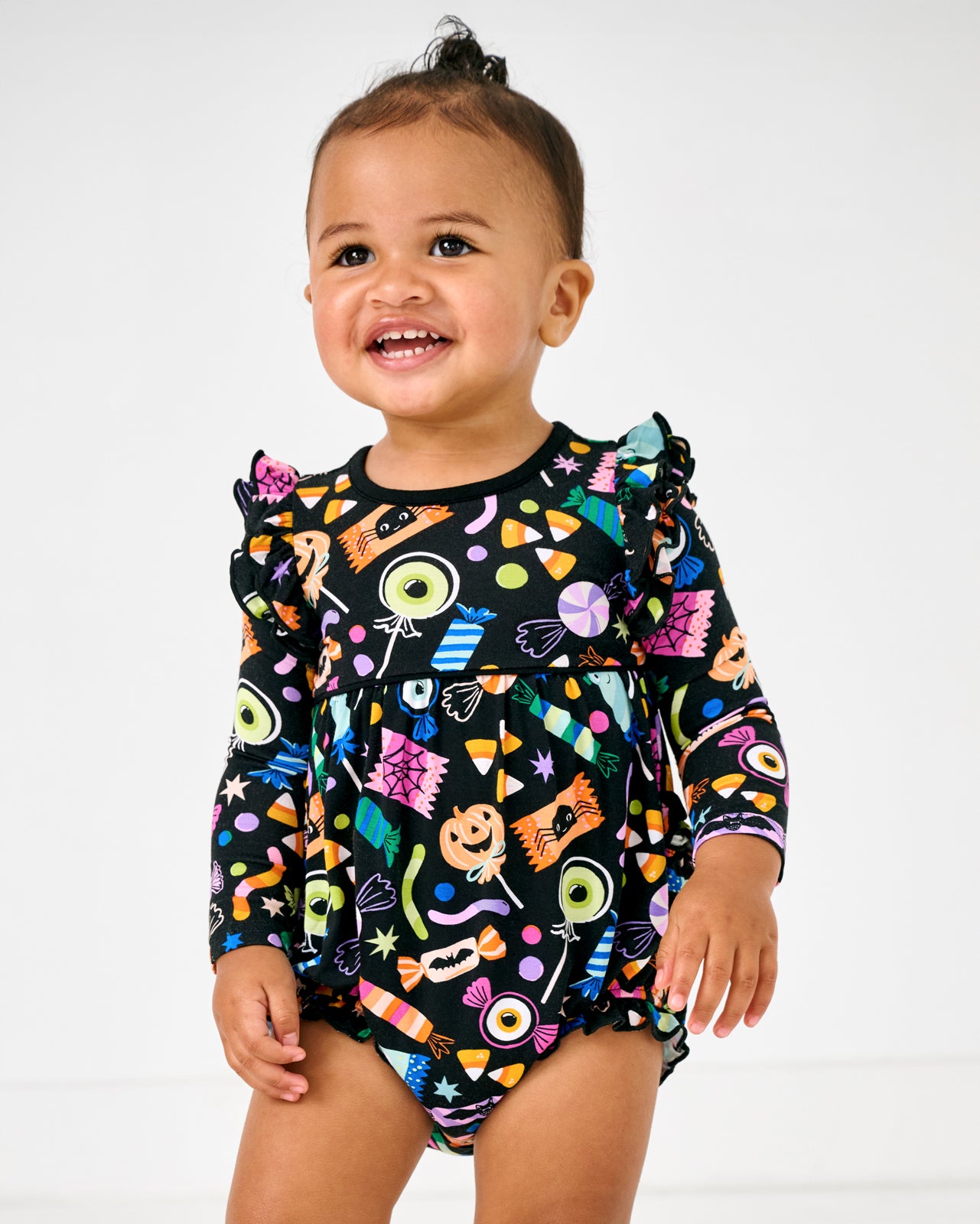 Girl wearing the Halloween Haul Bubble Romper