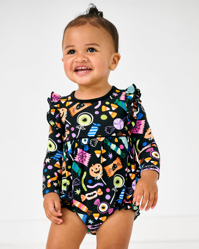Girl wearing the Halloween Haul Bubble Romper