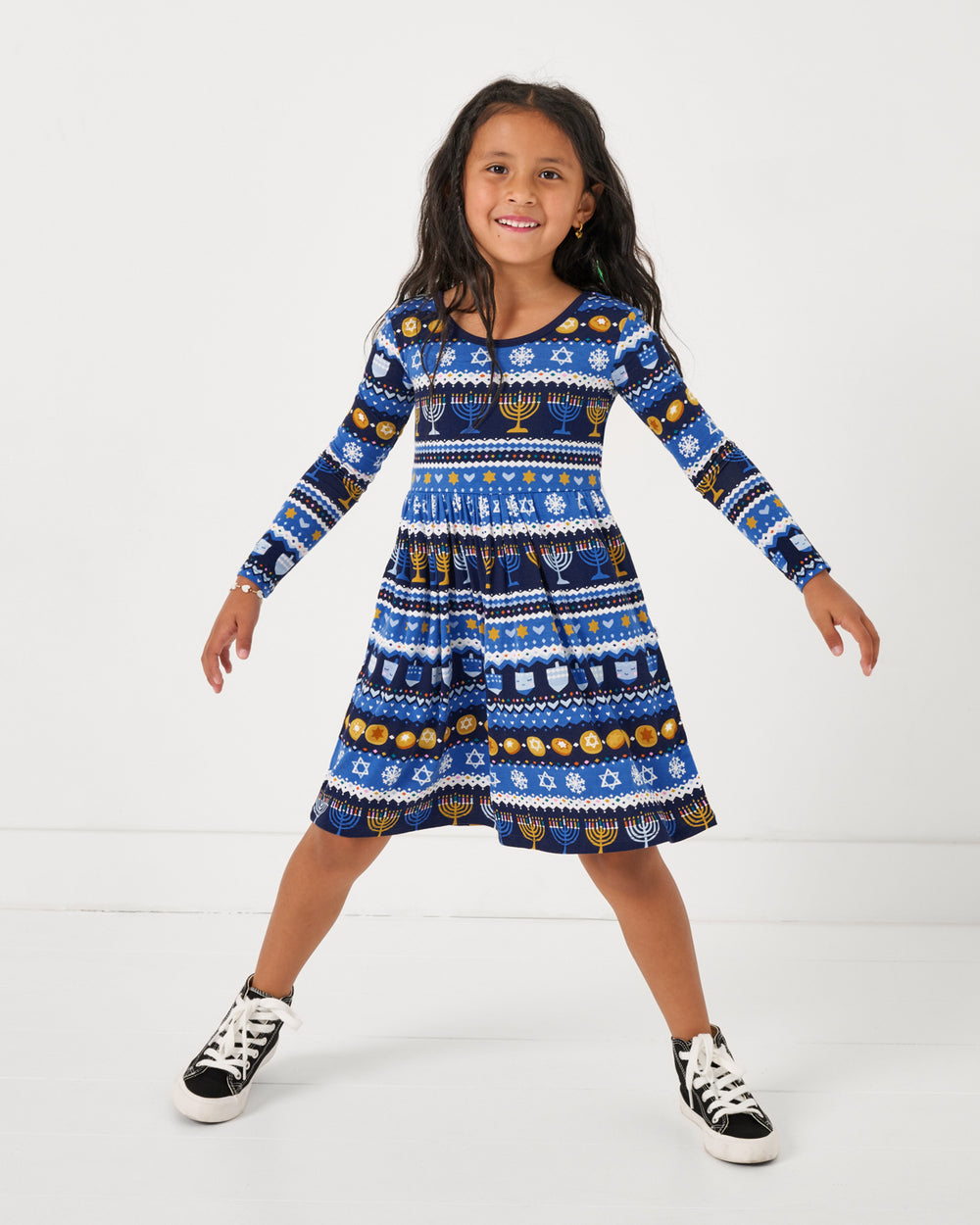 Girl wearing the Hanukkah Fair Isle Skater Dress