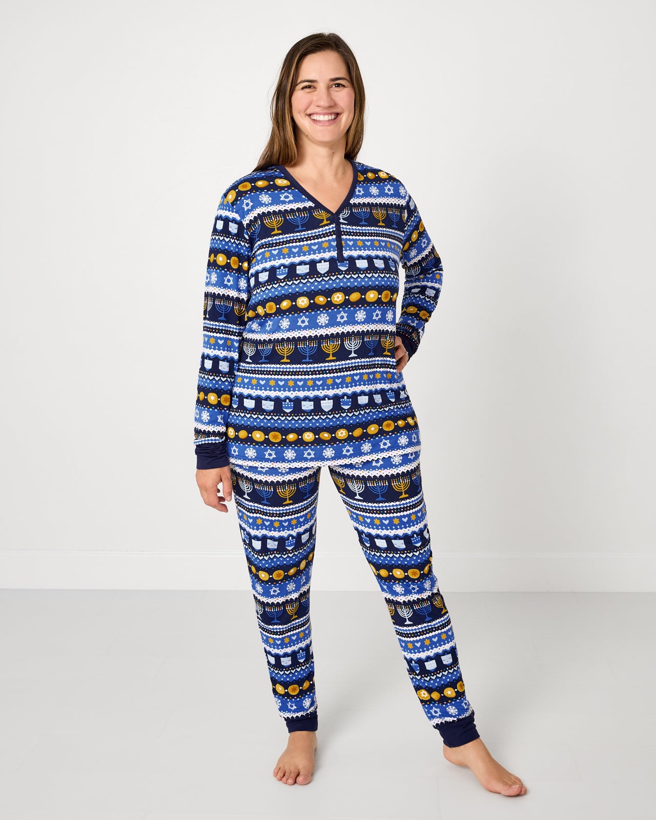 Standing woman wearing the Hanukkah Fair Isle Women's Long Sleeve Pajama Top