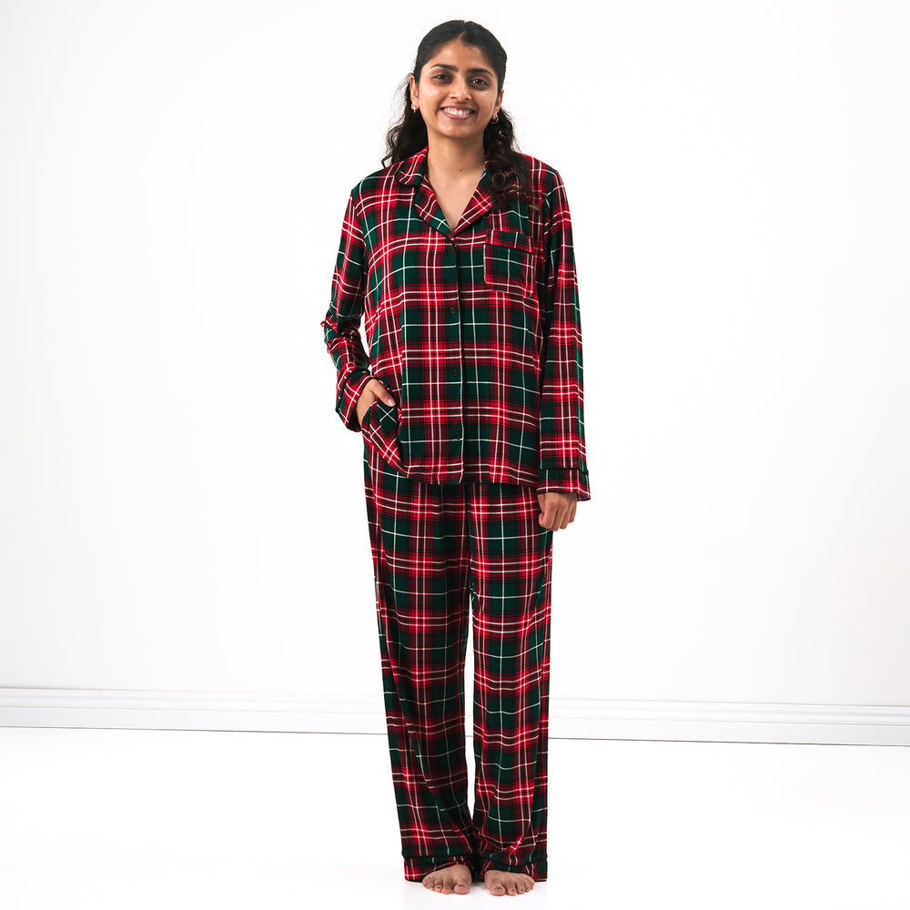 Woman wearing a Fireside Plaid Women's Long Sleeve Pajama Set