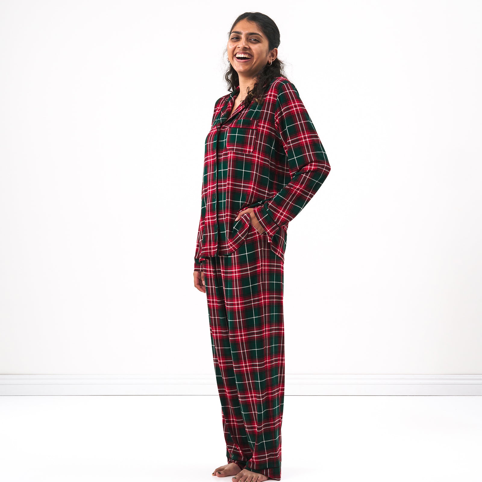 Side view image of a woman wearing a Fireside Plaid Women's Long Sleeve Pajama Set