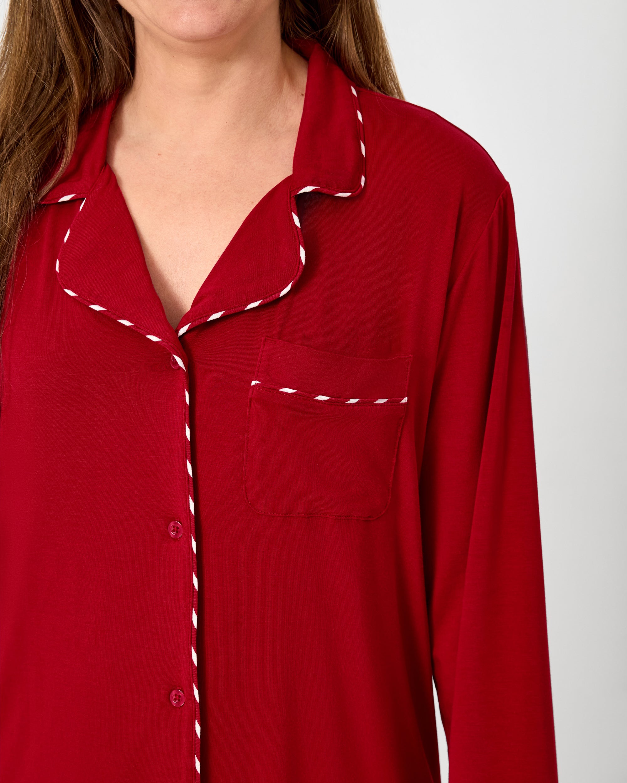 Close up of the piping detail on the Holiday Red Women's Long Sleeve Pajama Set