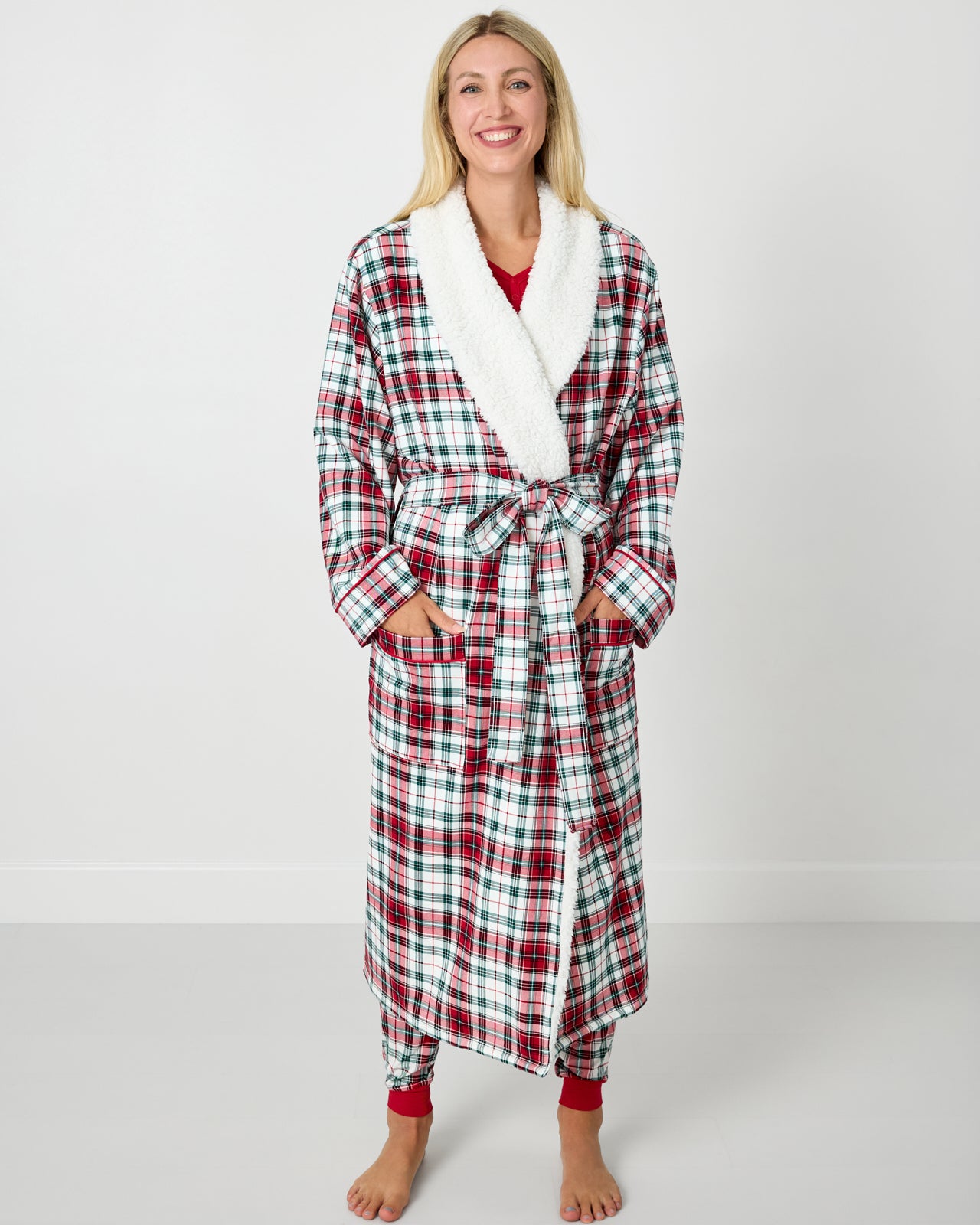 Woman wearing the Holly Plaid Cozy Robe