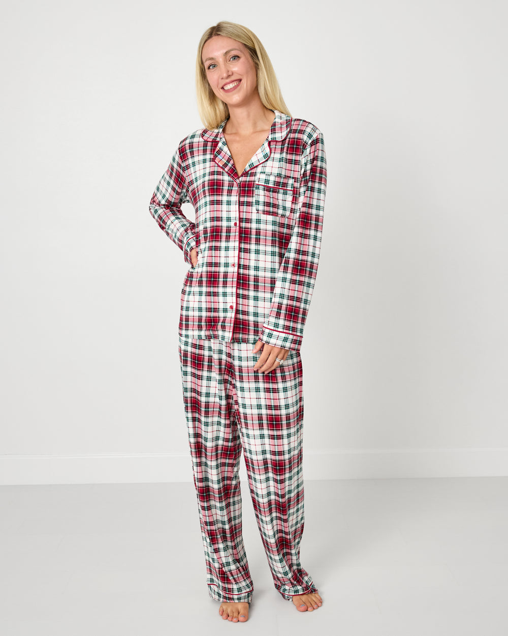 Woman wearing the Holly Plaid Women's Long Sleeve Pajama Set