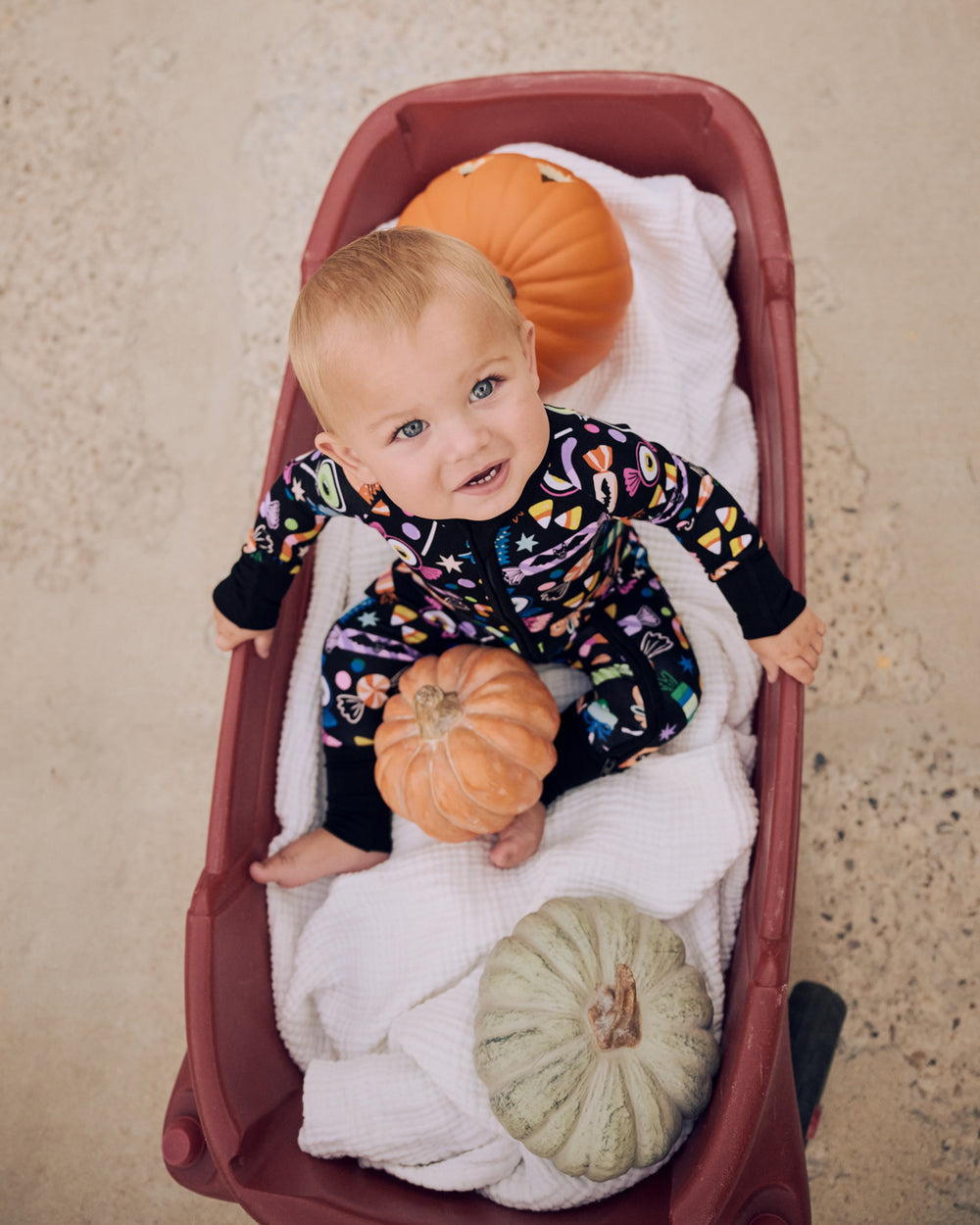 Baby in a wagon wearing the Halloween Haul Zippy