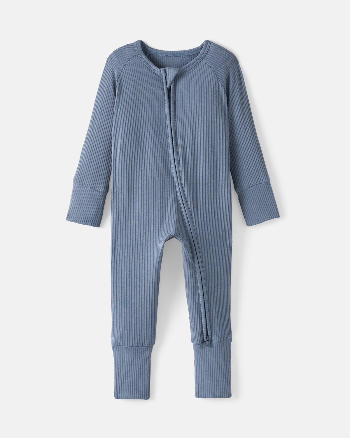 Flat lay of the Hazy Blue Ribbed Zippy
