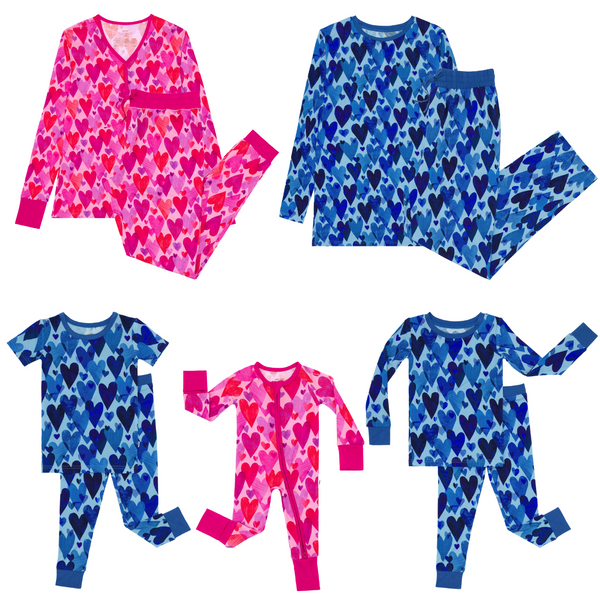 Flat lay composite of a pink hearts & crafts zippy and women's pajamas, and blue hearts & crafts two-piece pajama set, two-piece short sleeve pajama set, and men's pajamas