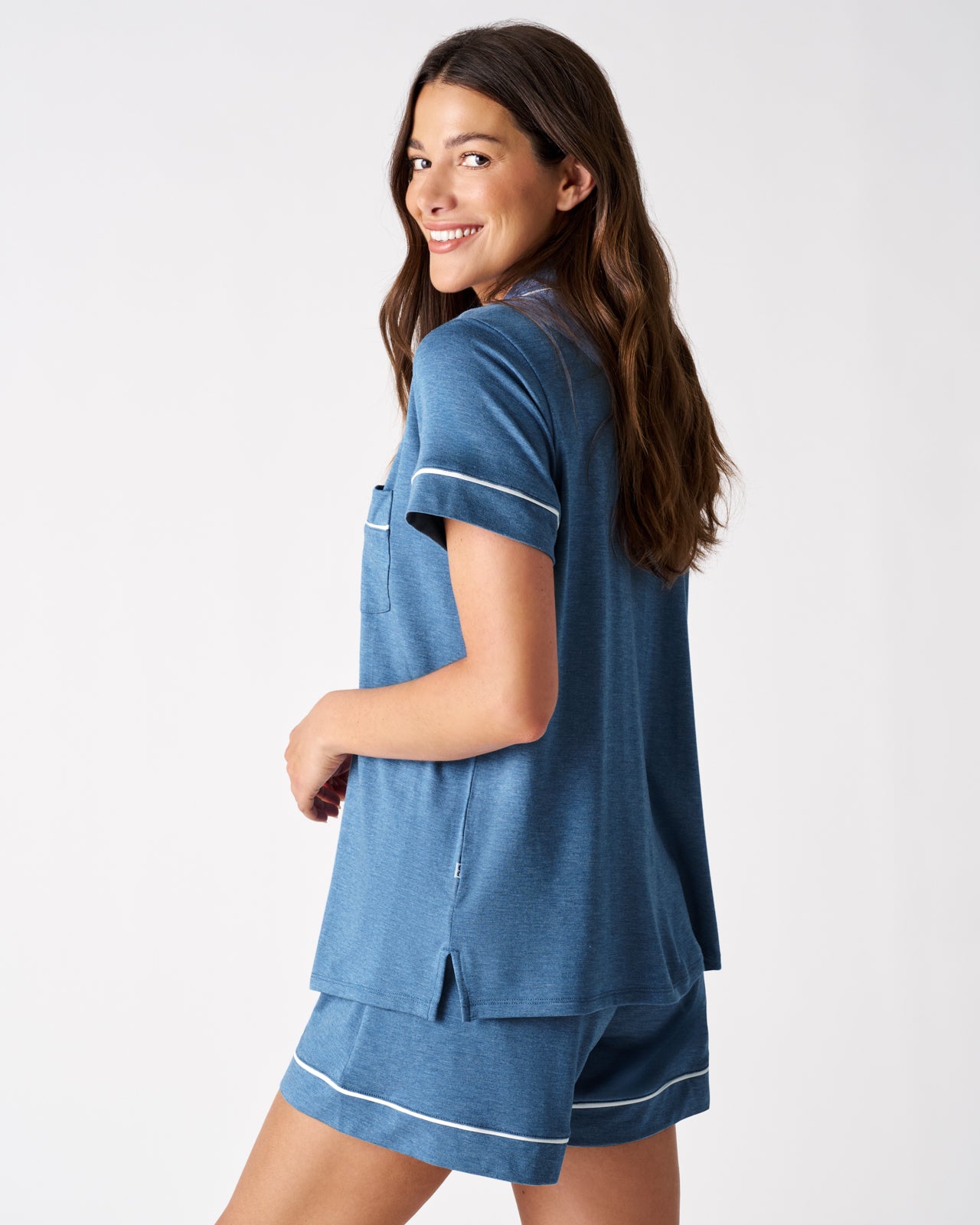 Back view of woman wearing the Heather Blue Women's Short Sleeve & Shorts Pajama Set