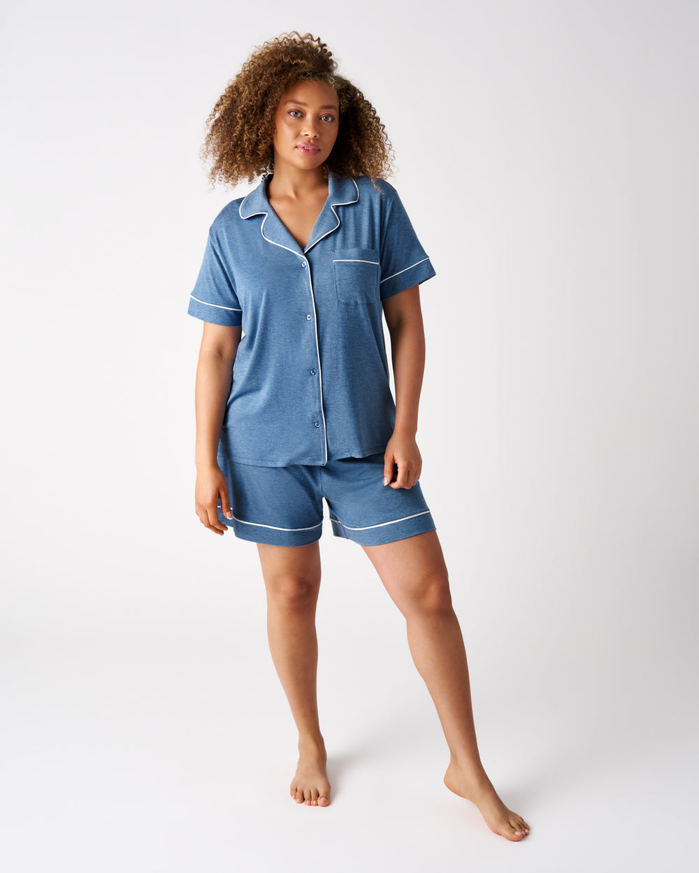 Alternate woman wearing the Heather Blue Women's Short Sleeve & Shorts Pajama Set