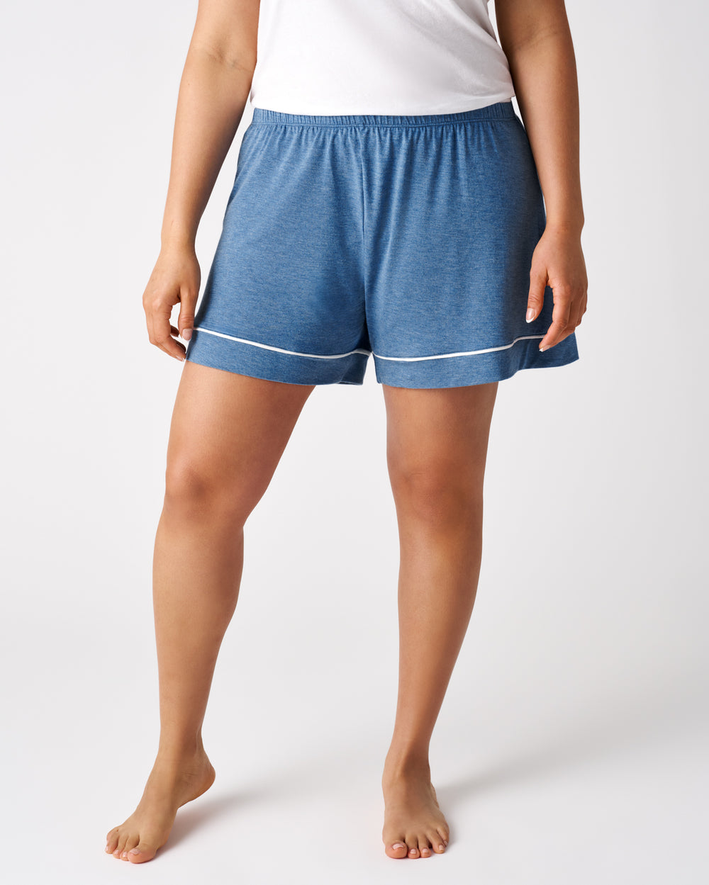 Front view of woman wearing the Heather Blue Women's PJ Shorts 
