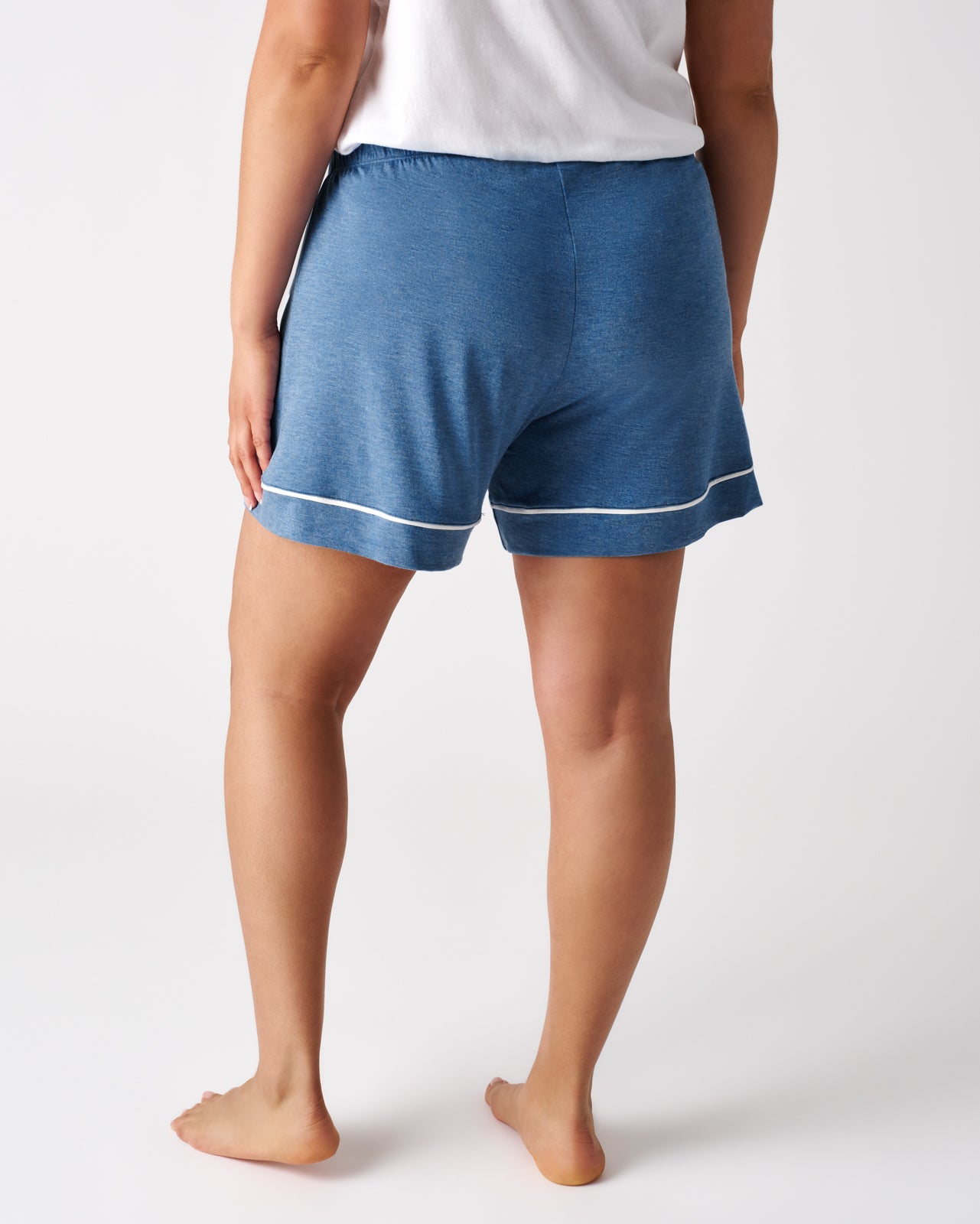 Back view of woman wearing the Heather Blue Women's Pajama Shorts 
