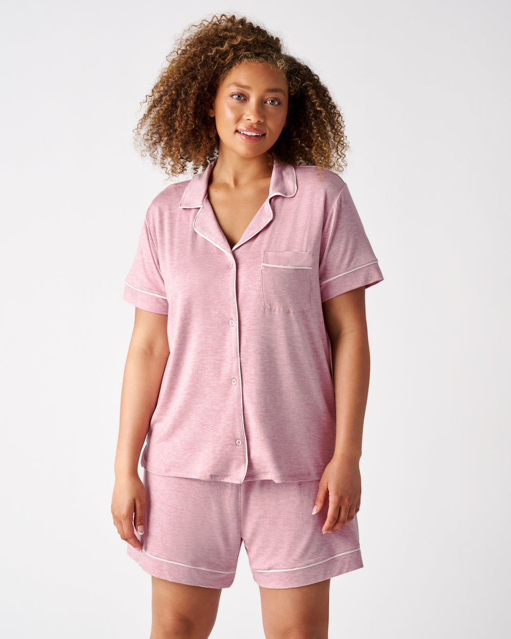 Front view of woman wearing the Heather Mauve Women's Short Sleeve & Shorts Pajama Set