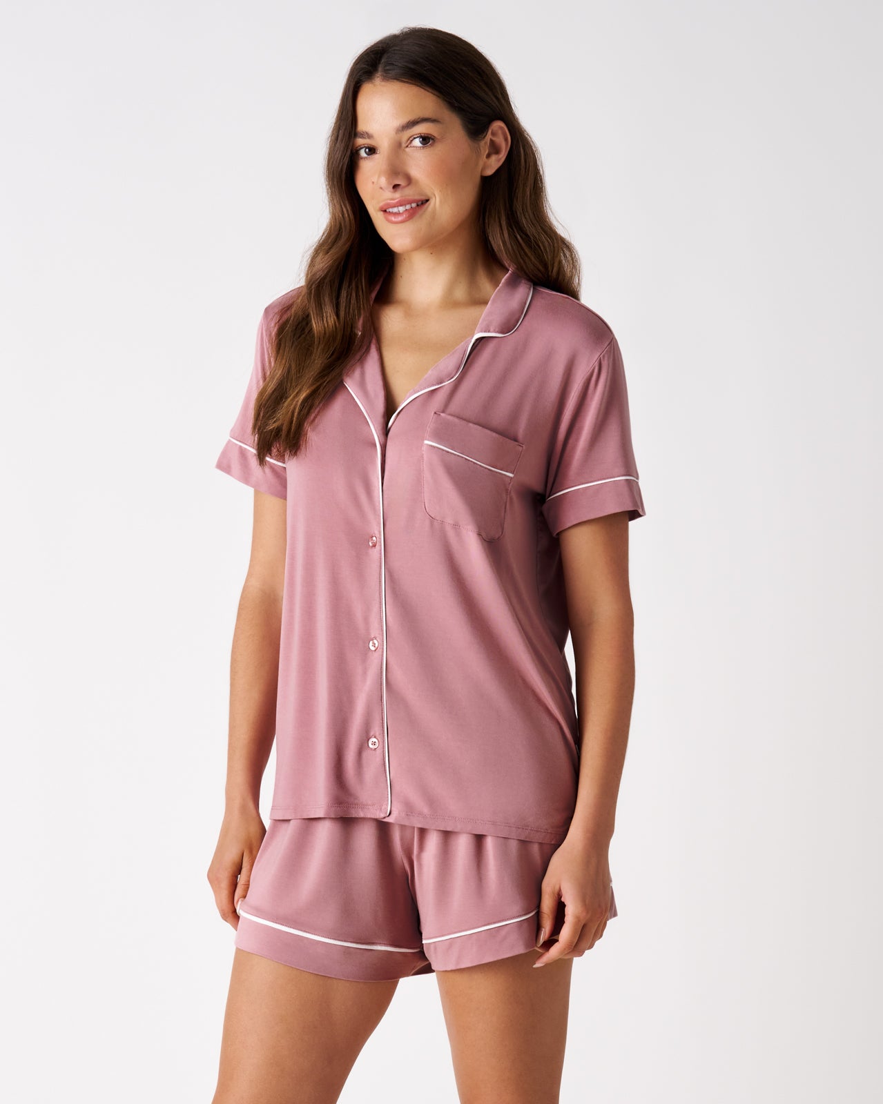 Front view of woman wearing the Rosewood Women's Short Sleeve & Shorts Pajama Set