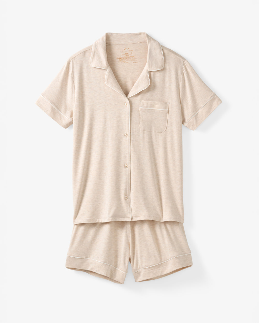 Flat lay of the Heather Oatmeal Women's Short Sleeve & Shorts Pajama Set
