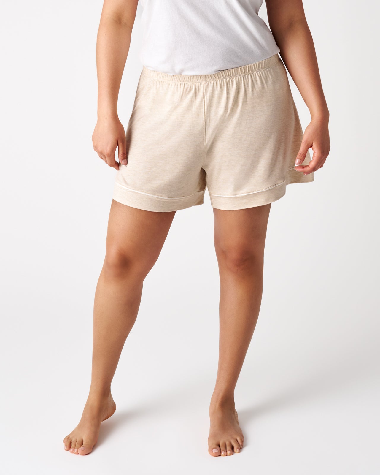 Front view of woman wearing the Heather Oatmeal Women'sPJ Shorts 