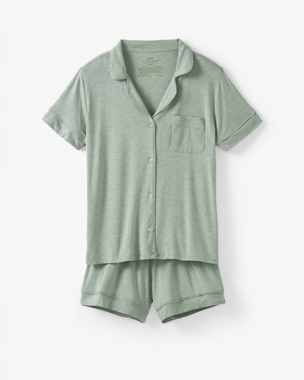 Flat lay of the Heather Sage Women's Short Sleeve & Shorts Pajama Set
