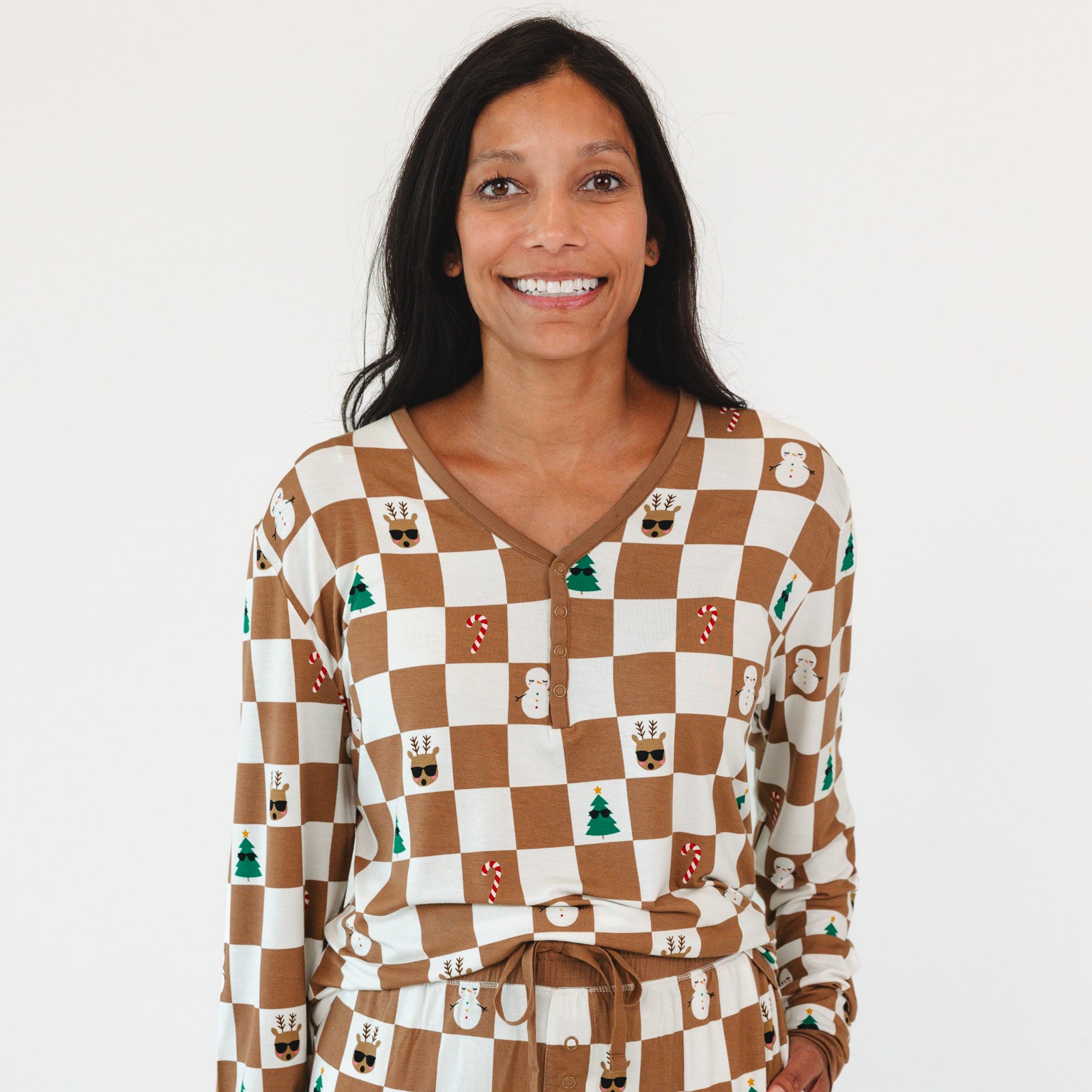 Close up image of smiling female model wearing the Holiday Checks Women's Pajama Top