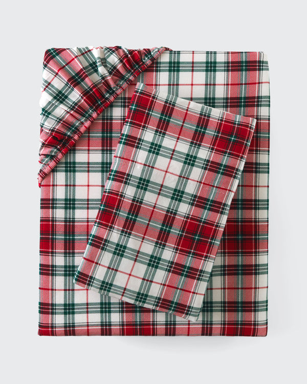 Flat lay of the Holly Plaid Twin Sheet Set