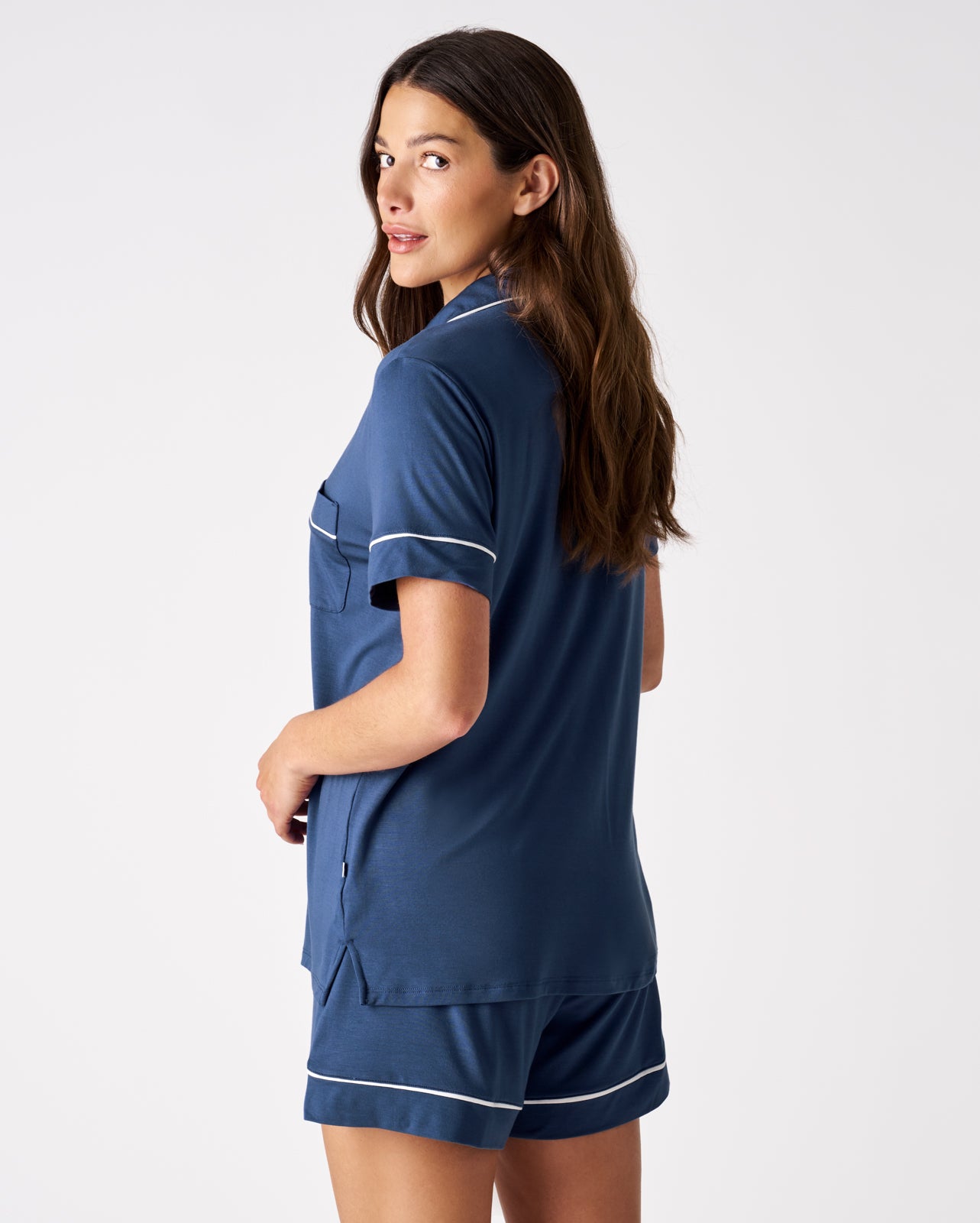Back view of woman wearing the Indigo Women's Short Sleeve & Shorts Pajama Set