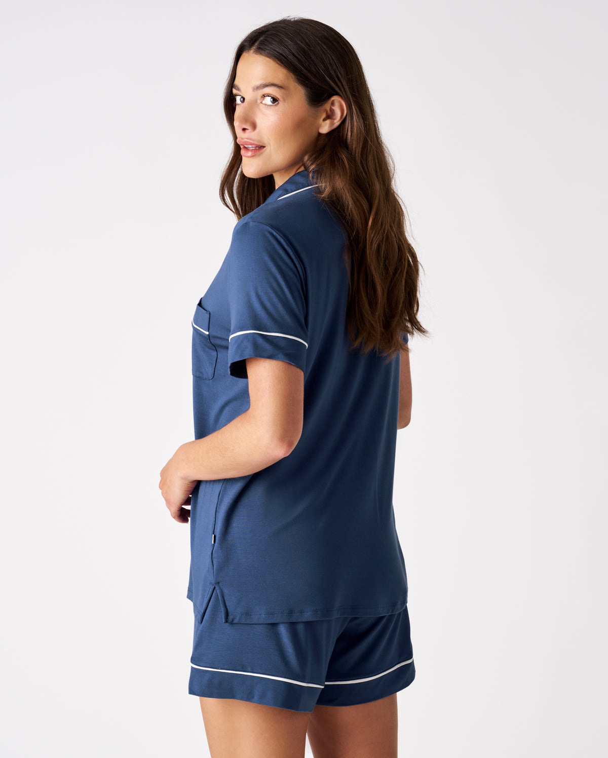 Back view of woman wearing the Indigo Women's Short Sleeve & Shorts Pajama Set