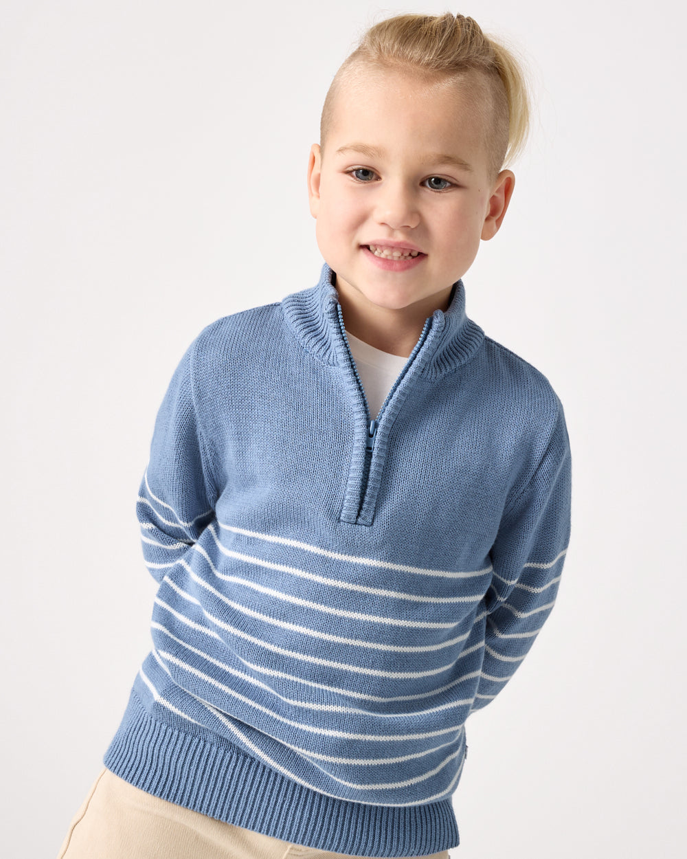 Alternate boy wearing the Infinite Blue Stripe Zip Sweater