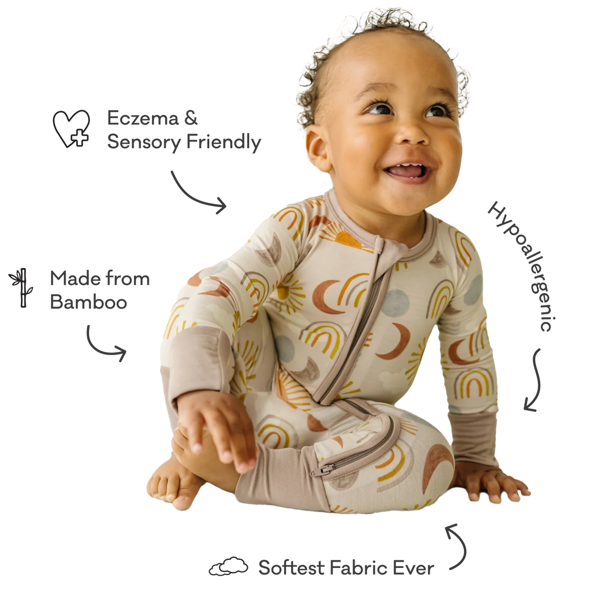 Baby in a bamboo onesie surrounded by text highlighting product features. Those features are: Eczema & Sensory Friendly, Hypoallergenic, Softest Fabric Ever, and Made From Bamboo.