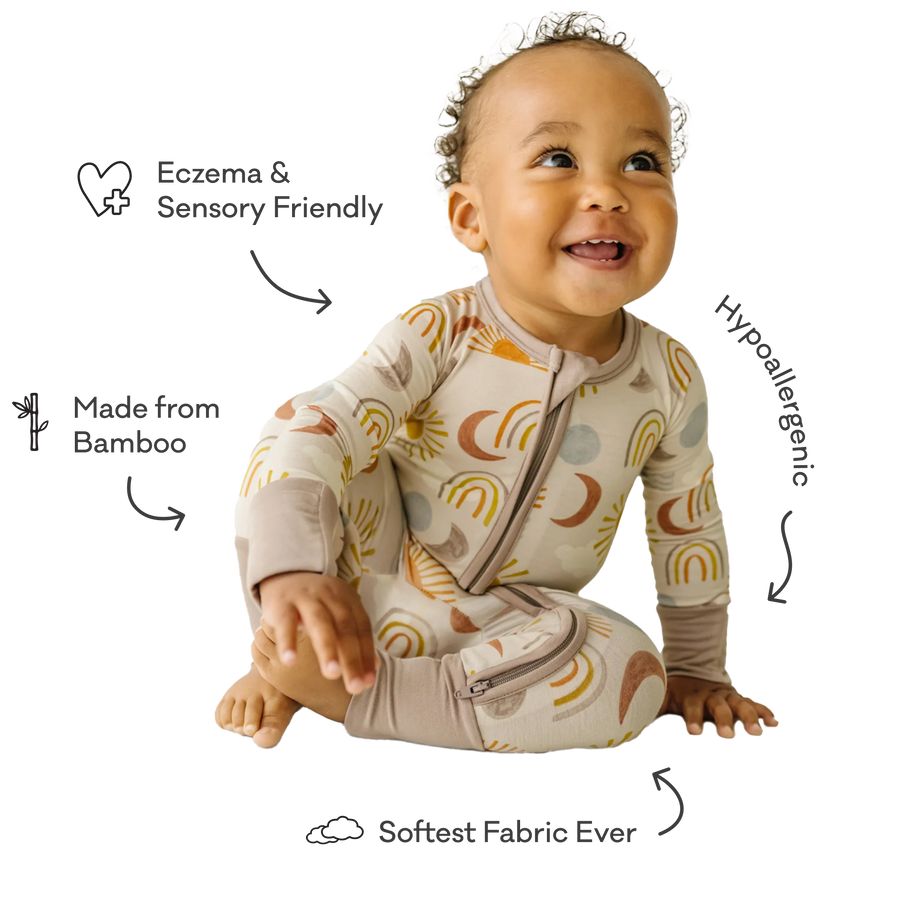 Baby in a bamboo onesie surrounded by text highlighting product features. Those features are: Eczema & Sensory Friendly, Hypoallergenic, Softest Fabric Ever, and Made From Bamboo.