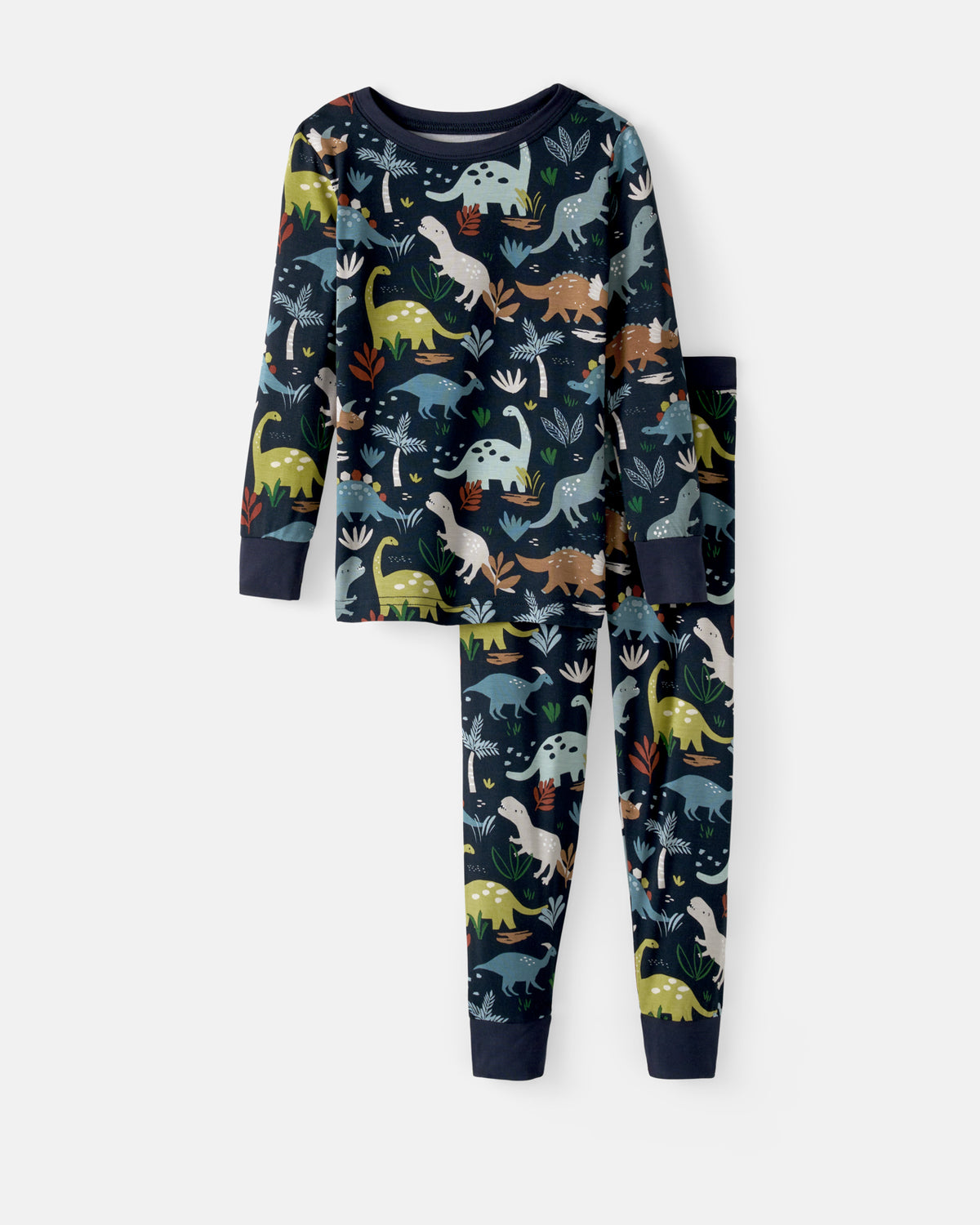Flat lay of the Navy Jurassic Jungle Two-Piece Pajama Set