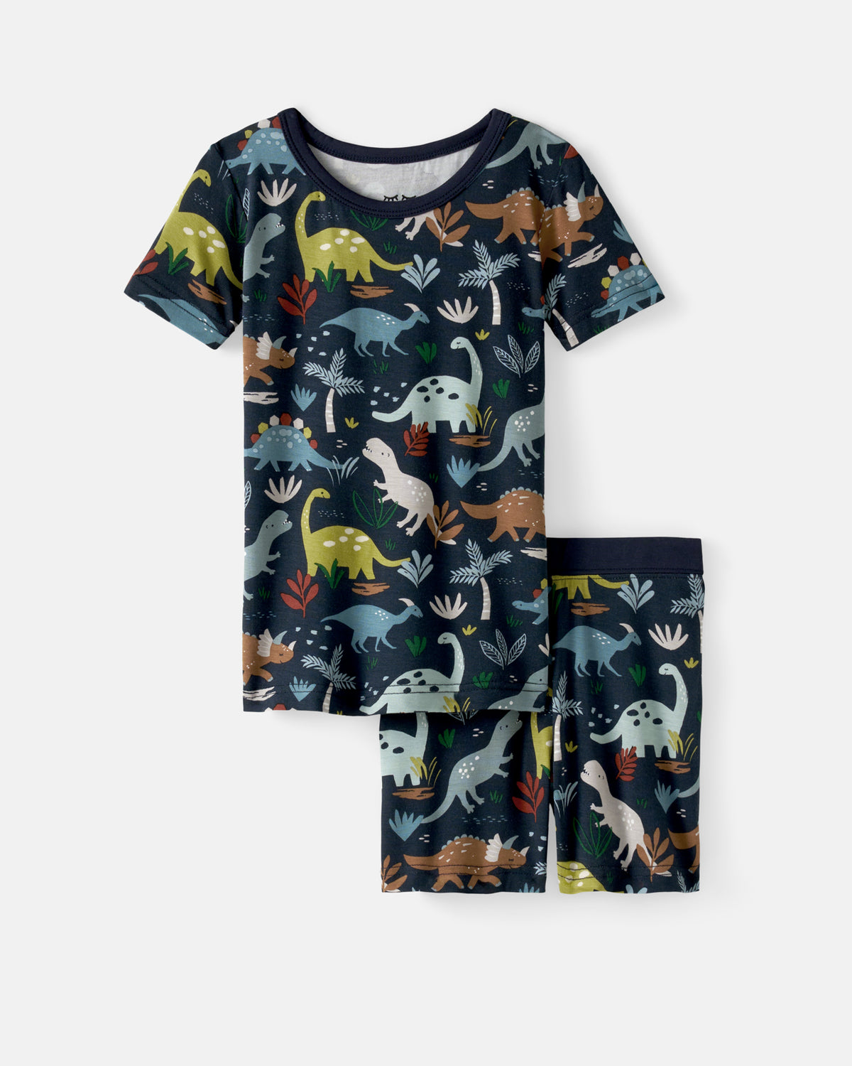 Flat lay of the Navy Jurassic Jungle Two-Piece Short Sleeve & Shorts Pajama Set