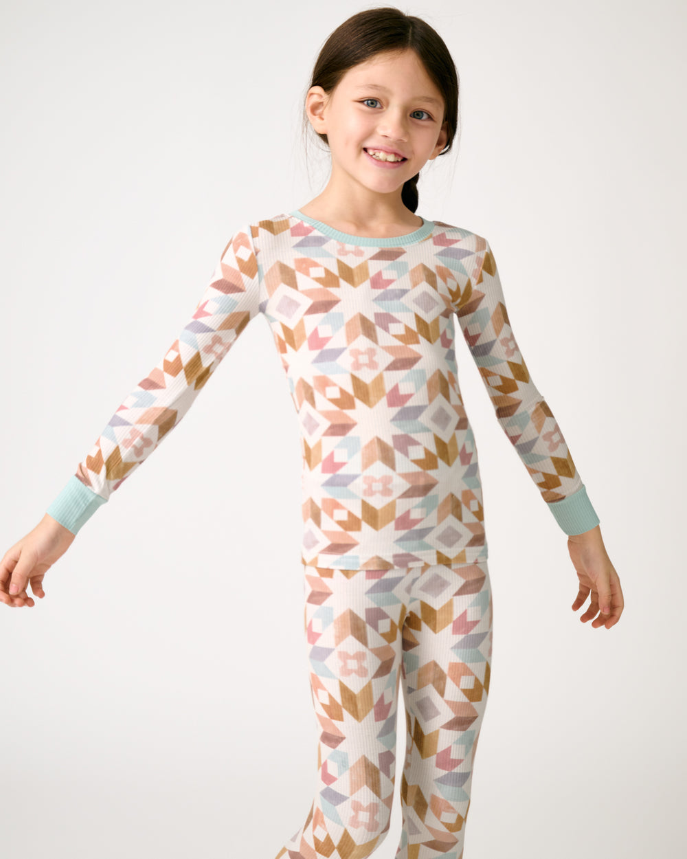 Standing girl wearing the Kaleidoscope Dreams Ribbed Two-Piece Pajama Set