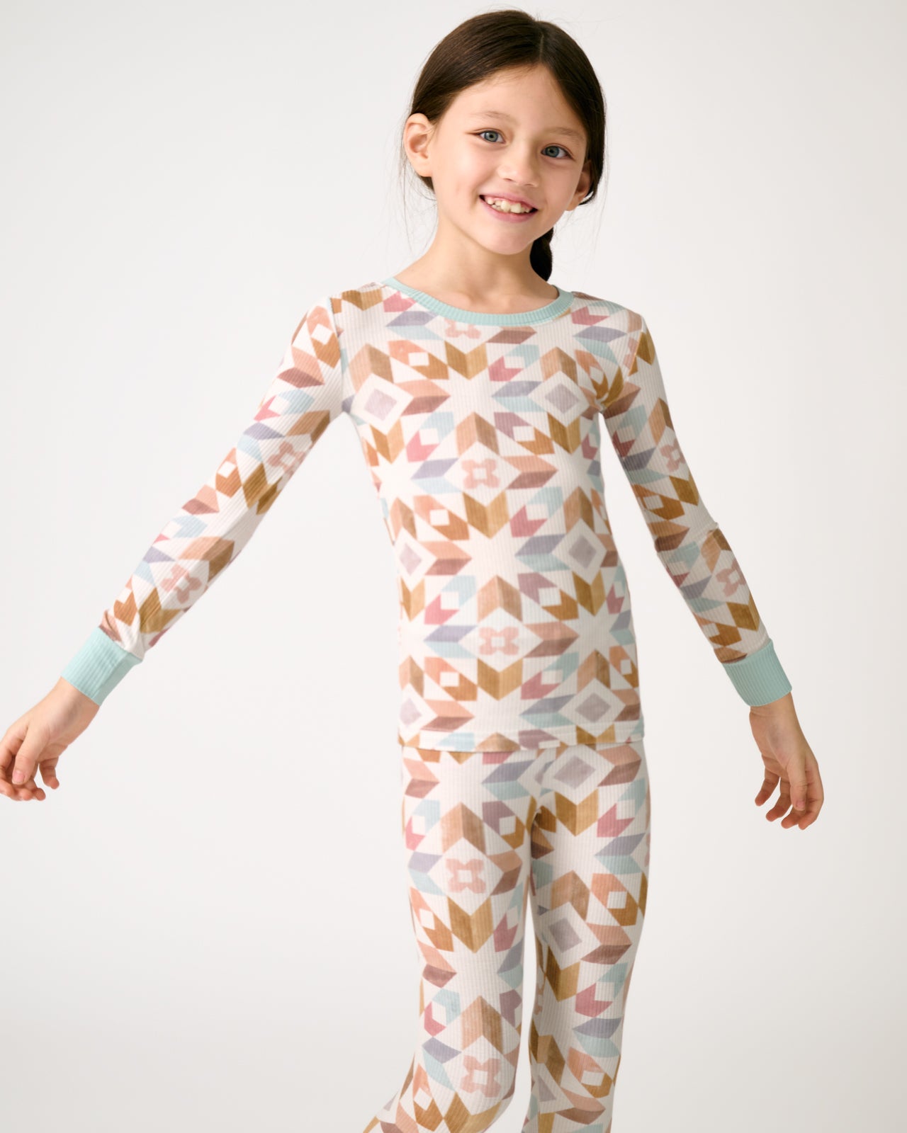 Standing girl wearing the Kaleidoscope Dreams Ribbed Two-Piece Pajama Set