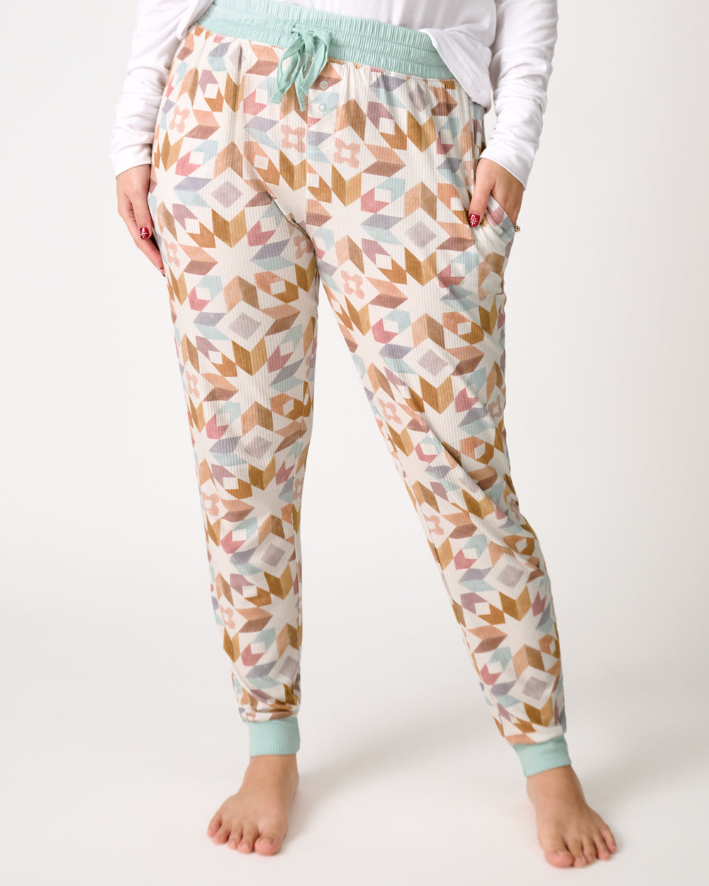 Close up of woman wearing the Kaleidoscope Dreams Ribbed Women's Pajama Pants