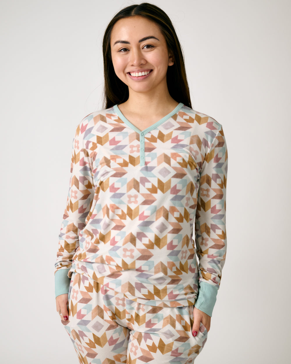 Woman wearing the Kaleidoscope Dreams Ribbed Women's Long Sleeve Pajama Top