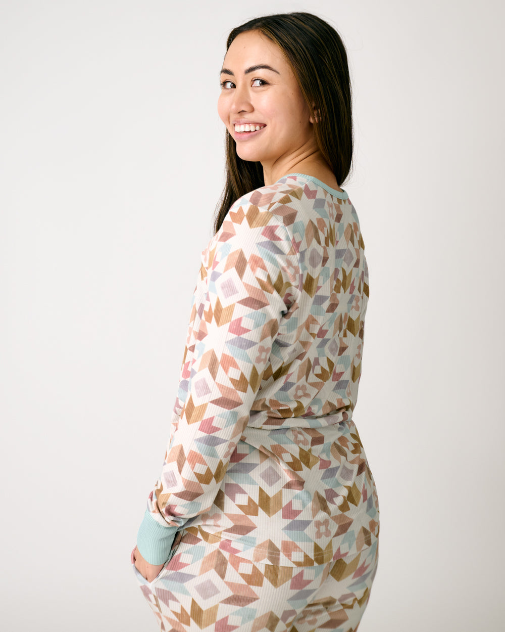 Side view of woman wearing the Kaleidoscope Dreams Ribbed Women's Long Sleeve Pajama Top