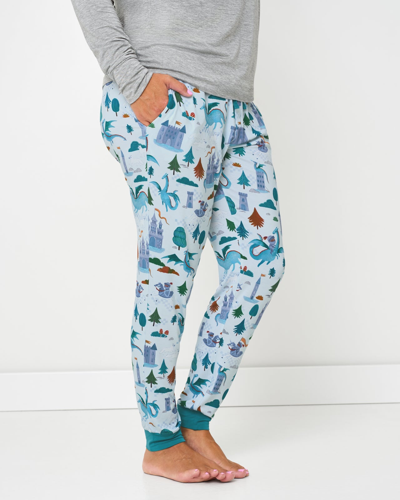 Side view of woman wearing the Knight's Quest Women's Pajama Pants