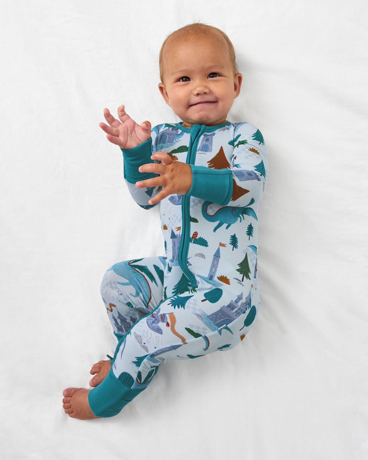 Aerial view of baby wearing the Knight's Quest Zippy