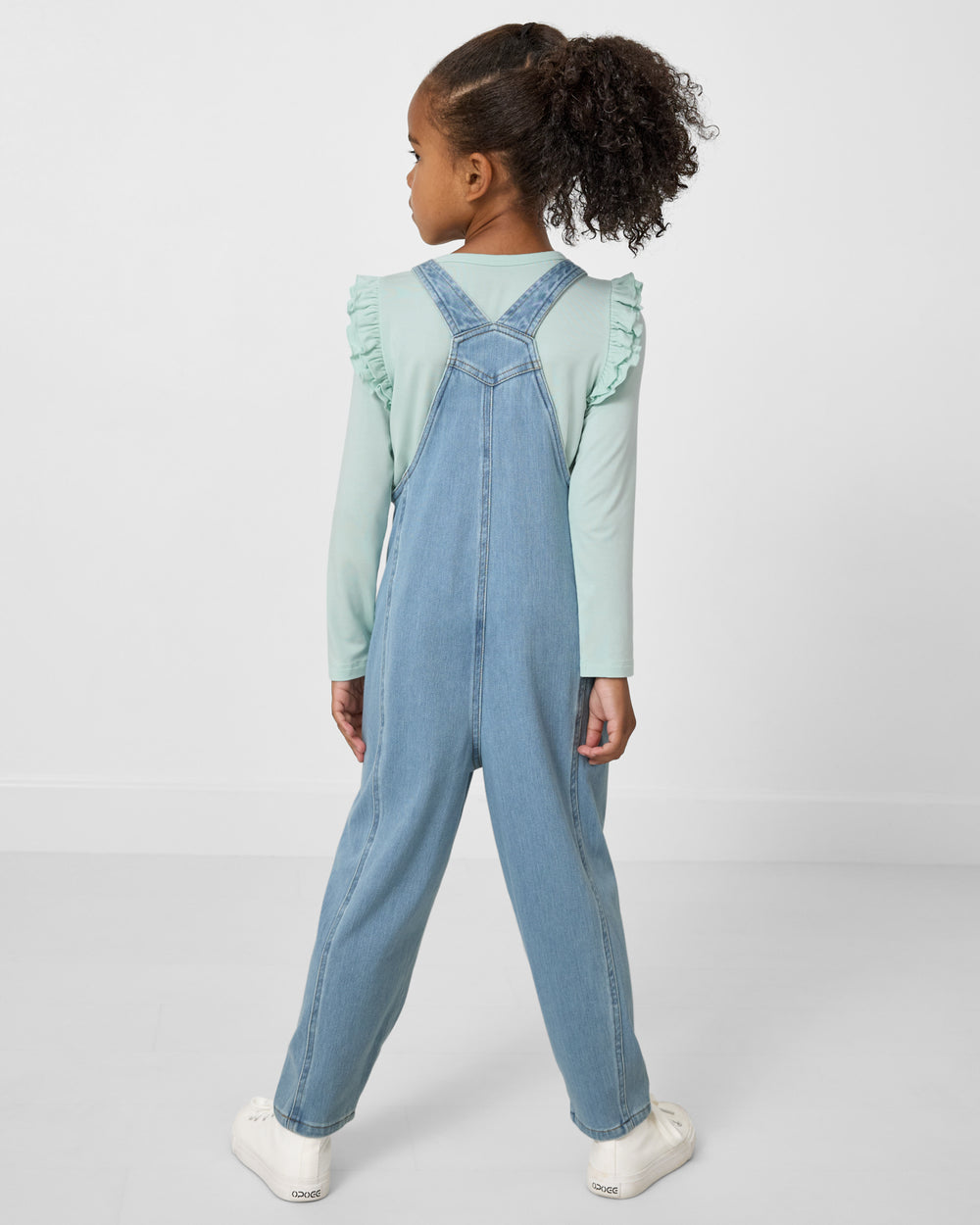Back view of girl wearing the Light Blue Denim Overall 