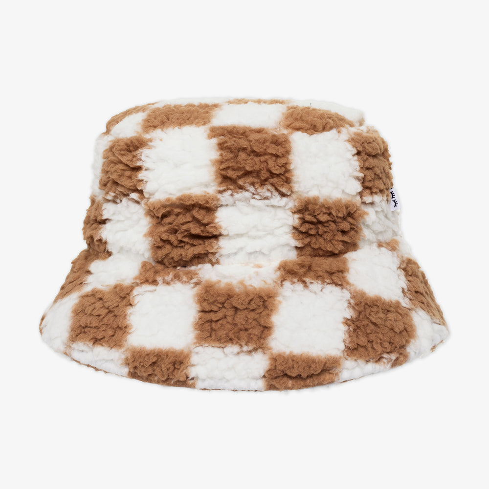 Flat lay image of a Caramel Checks Sherpa Bucket Hat